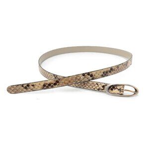 Vintage Snakeskin Skinny Belt Beige Brown Reptile Gold Oval Buckle 80s Mobwife